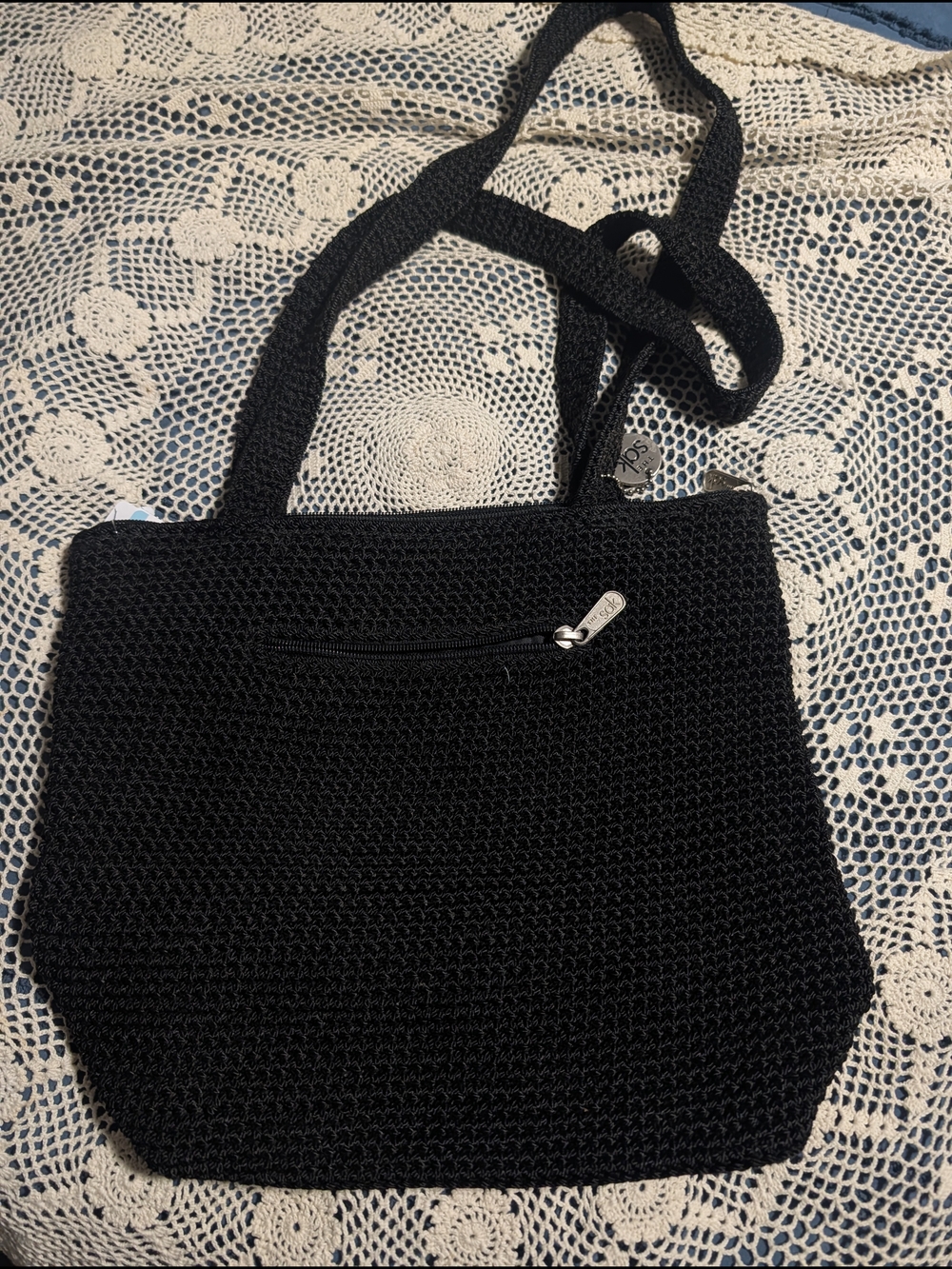 The Sak Black Crochet Crossbody Bag with Front Zip